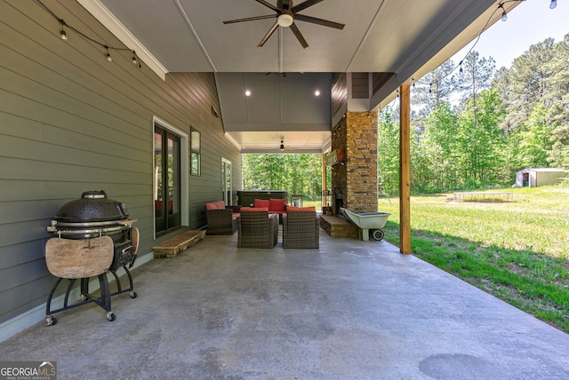 view of patio with an outdoor hangout area and ceiling fan