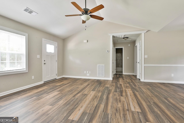 unfurnished living room with vaulted ceiling, ceiling fan, and dark hardwood / wood-style flooring