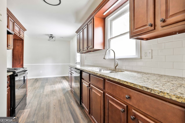 kitchen with black electric range, sink, backsplash, dark hardwood / wood-style flooring, and stainless steel dishwasher