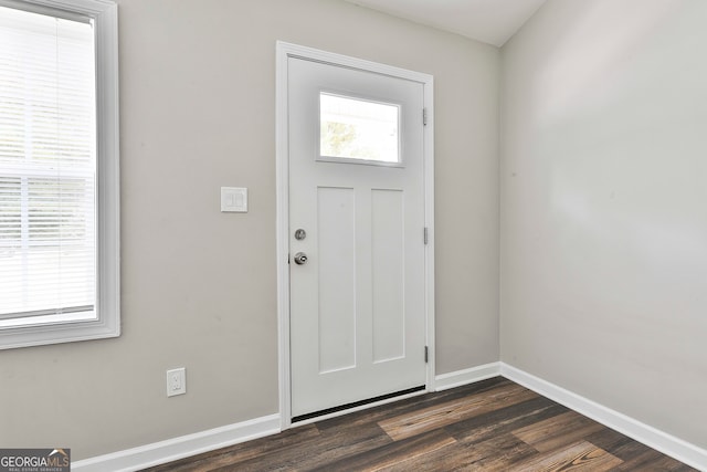 foyer entrance with a healthy amount of sunlight and dark hardwood / wood-style flooring