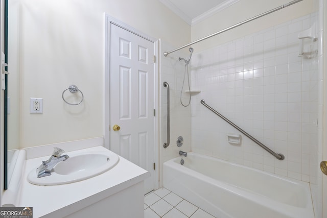 bathroom with vanity, crown molding, tiled shower / bath combo, and tile patterned flooring