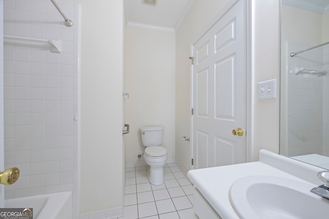 full bathroom featuring toilet, ornamental molding, vanity, tiled shower / bath combo, and tile patterned floors