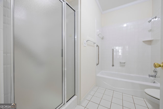 bathroom featuring toilet, tile patterned floors, ornamental molding, and enclosed tub / shower combo