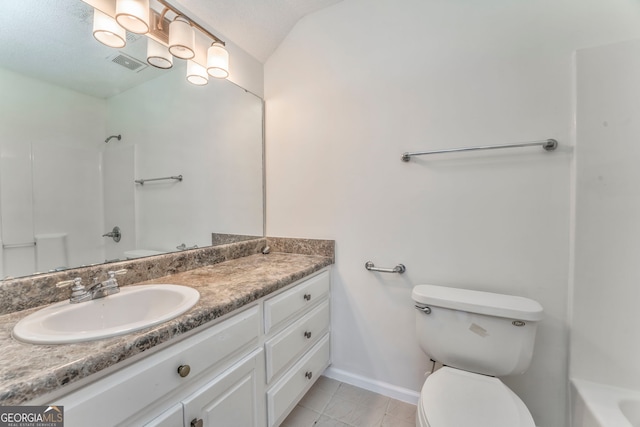 full bath featuring visible vents, baseboards, toilet, vanity, and lofted ceiling