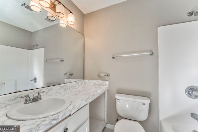 full bathroom with toilet, vanity, shower / bathing tub combination, and visible vents
