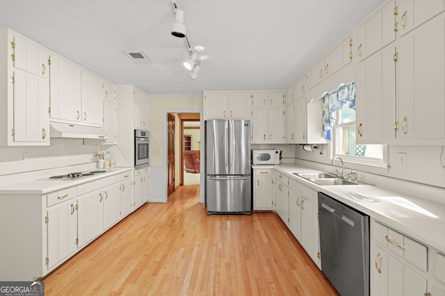 kitchen with light hardwood / wood-style floors, sink, track lighting, appliances with stainless steel finishes, and white cabinets