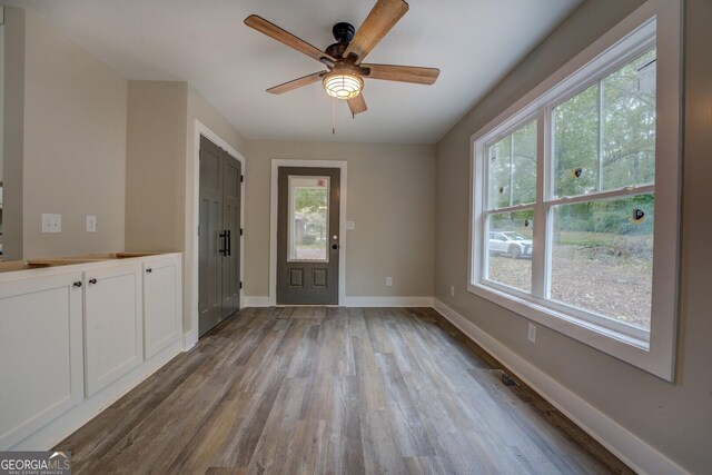 entrance foyer featuring ceiling fan and light hardwood / wood-style flooring