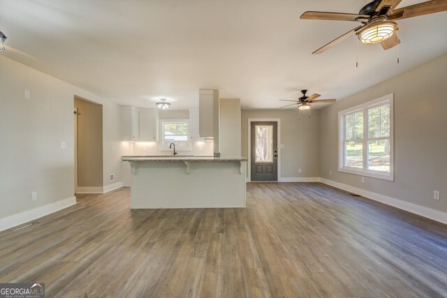 kitchen with light stone counters, plenty of natural light, white cabinetry, and light wood-type flooring