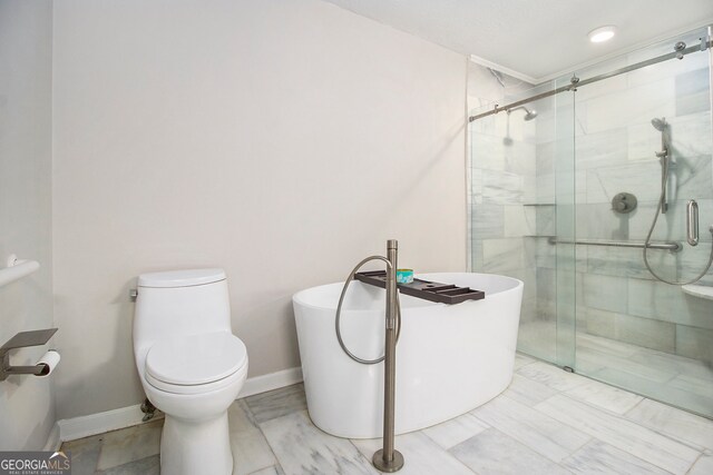 bathroom featuring toilet and separate shower and tub