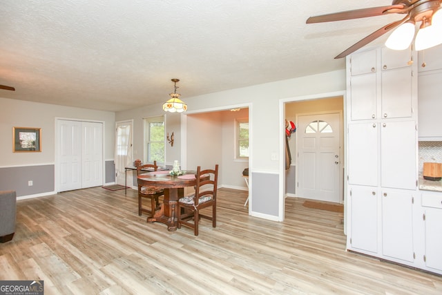 dining room featuring light hardwood / wood-style floors, a textured ceiling, and ceiling fan