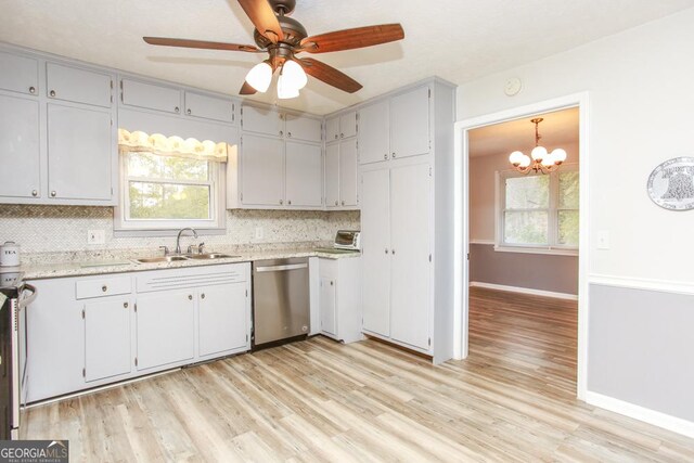 kitchen featuring decorative backsplash, ceiling fan, appliances with stainless steel finishes, light hardwood / wood-style floors, and sink