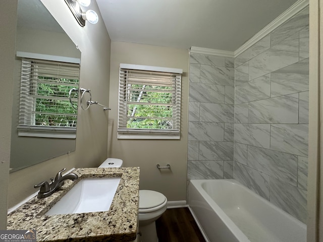 full bathroom with toilet, bathtub / shower combination, wood-type flooring, crown molding, and vanity