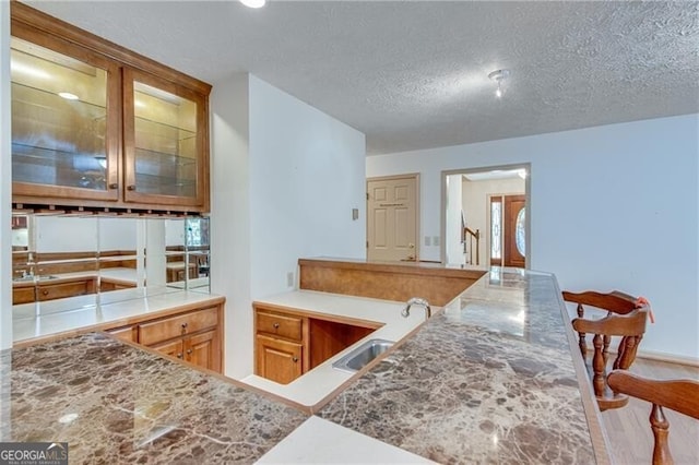 kitchen featuring a sink, wood finished floors, a textured ceiling, glass insert cabinets, and baseboards