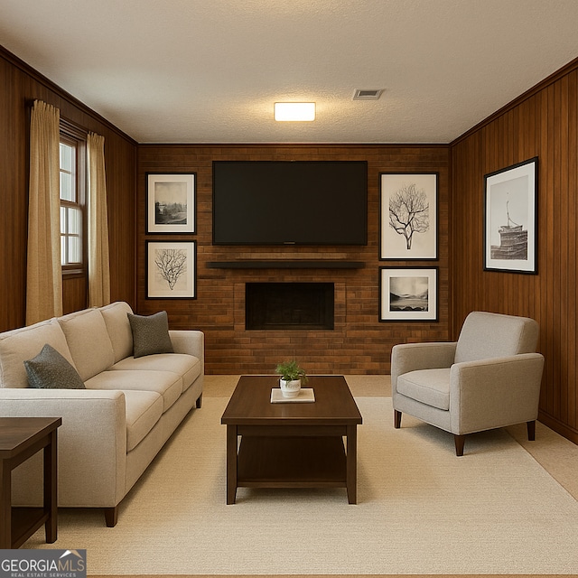 726 Victoria Cir, Dublin, GA 31021 - living room featuring light carpet and wooden walls