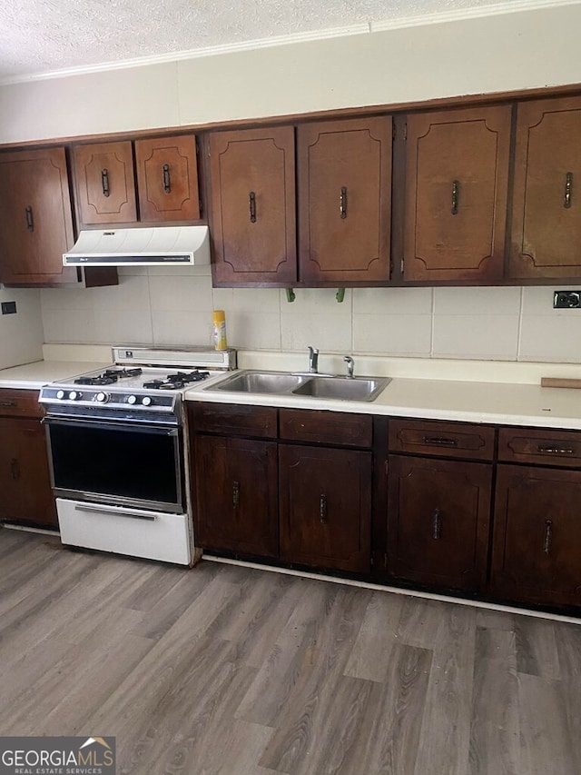 kitchen featuring white gas stove, sink, a textured ceiling, decorative backsplash, and light hardwood / wood-style flooring