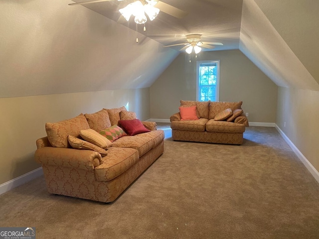 living room with ceiling fan, carpet, and lofted ceiling