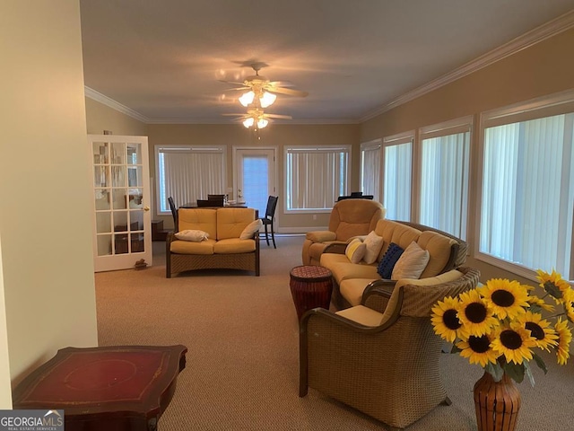 carpeted living room with crown molding and ceiling fan