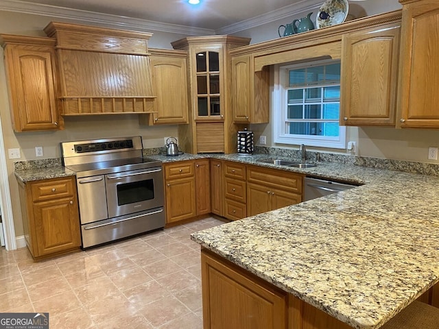 kitchen with custom exhaust hood, light stone countertops, sink, crown molding, and stainless steel appliances