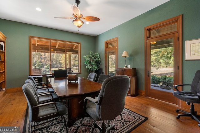 dining area featuring light hardwood / wood-style flooring, ceiling fan, and a wealth of natural light