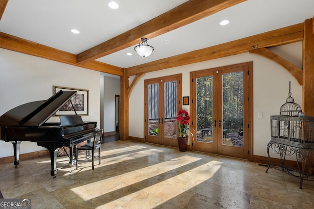 misc room featuring french doors and beam ceiling