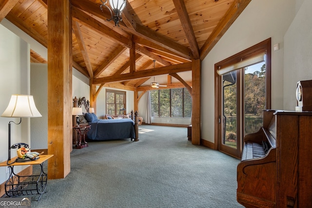 carpeted bedroom with multiple windows, beam ceiling, and wooden ceiling