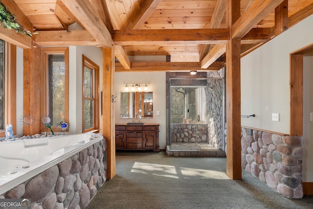 bathroom featuring vanity, wood ceiling, independent shower and bath, and beamed ceiling