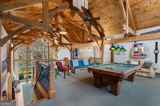 game room featuring beam ceiling, high vaulted ceiling, wooden ceiling, and carpet floors