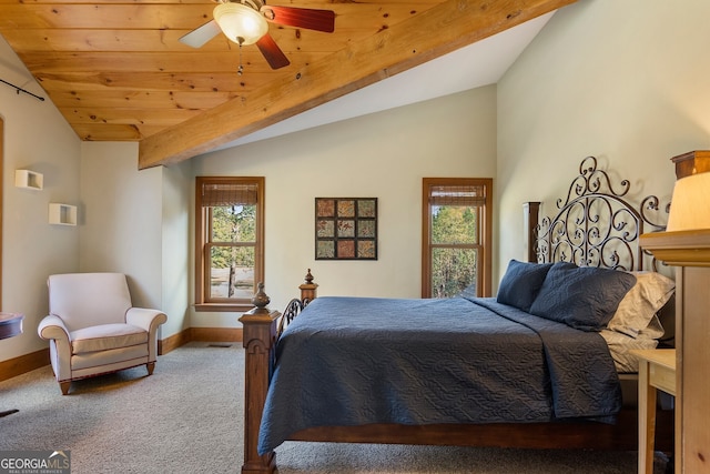 carpeted bedroom with multiple windows, lofted ceiling with beams, wooden ceiling, and ceiling fan