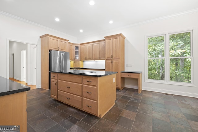 124 S Shore Dr, Fair Play, SC 29643 - kitchen featuring dark countertops, black electric cooktop, stone tile floors, baseboards, and crown molding