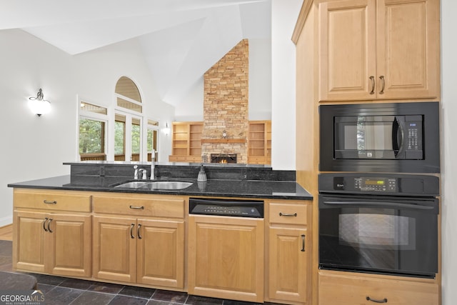 124 S Shore Dr, Fair Play, SC 29643 - kitchen with black appliances, a sink, dark stone counters, built in features, and high vaulted ceiling