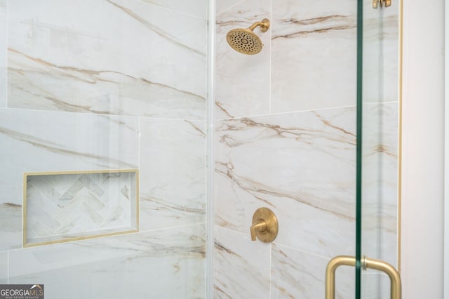 interior details featuring a shower with shower door