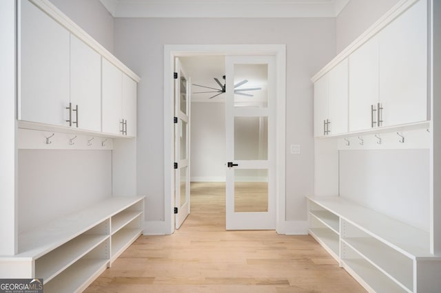 mudroom featuring light hardwood / wood-style flooring, french doors, and ceiling fan