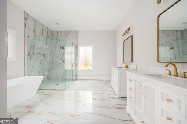 bathroom with vanity and plus walk in shower