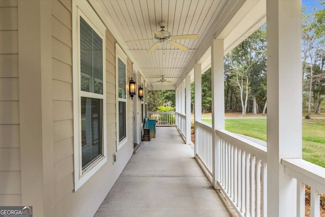 view of patio / terrace featuring covered porch and ceiling fan