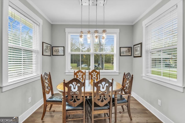 dining space featuring a chandelier, crown molding, wood-type flooring, and a healthy amount of sunlight