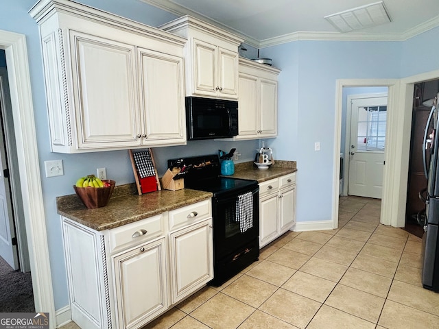 kitchen with black appliances, light tile patterned flooring, and crown molding