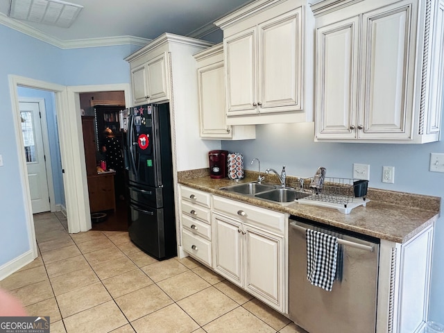 kitchen with crown molding, light tile patterned floors, black refrigerator, sink, and dishwasher