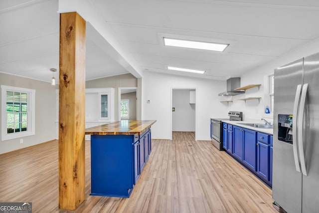 kitchen featuring wall chimney range hood, stainless steel appliances, wood counters, lofted ceiling with beams, and blue cabinets