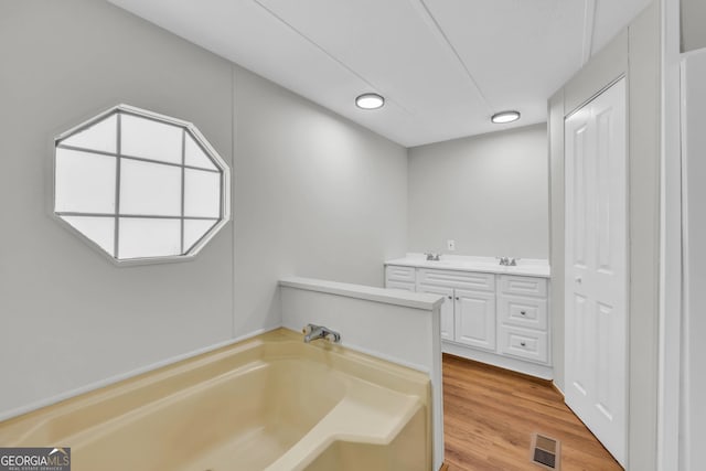 bathroom with vanity, a tub, and wood-type flooring