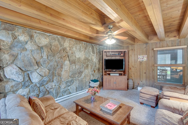 carpeted living room featuring wood walls, wooden ceiling, ceiling fan, beam ceiling, and a baseboard heating unit