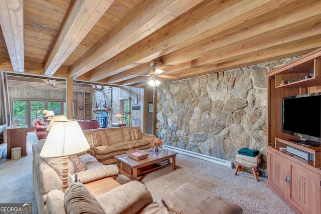 carpeted living room with a baseboard radiator, wood ceiling, wood walls, beamed ceiling, and ceiling fan