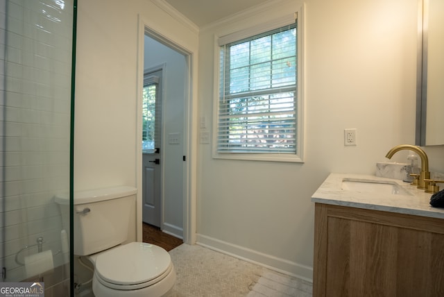 bathroom with toilet, vanity, and crown molding