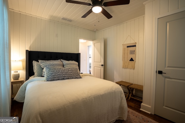 bedroom featuring ceiling fan, dark hardwood / wood-style floors, and wooden walls