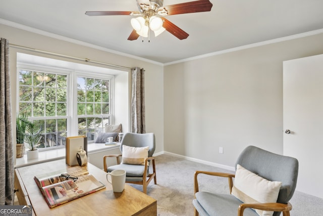 living area featuring ceiling fan, light colored carpet, and ornamental molding