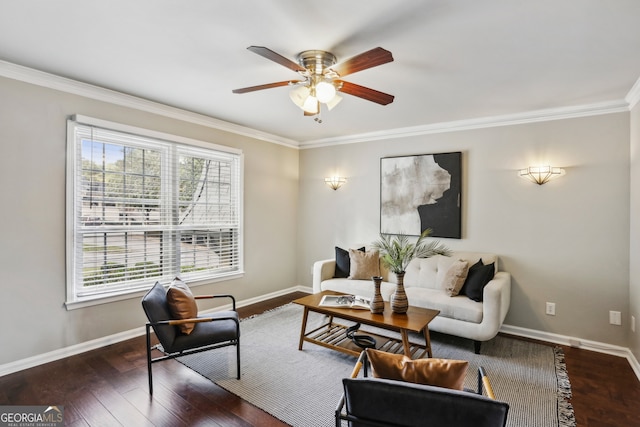 living room with dark hardwood / wood-style floors, a wealth of natural light, ornamental molding, and ceiling fan