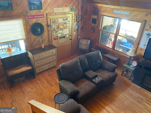 living room featuring wood walls, a wealth of natural light, and wood-type flooring