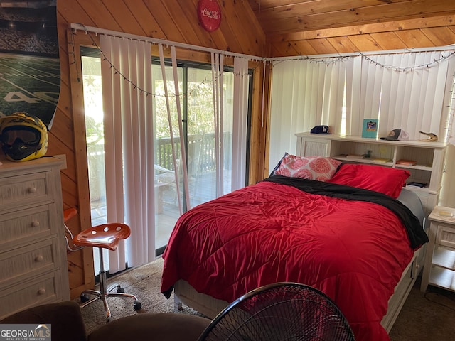 carpeted bedroom featuring access to outside and wooden ceiling