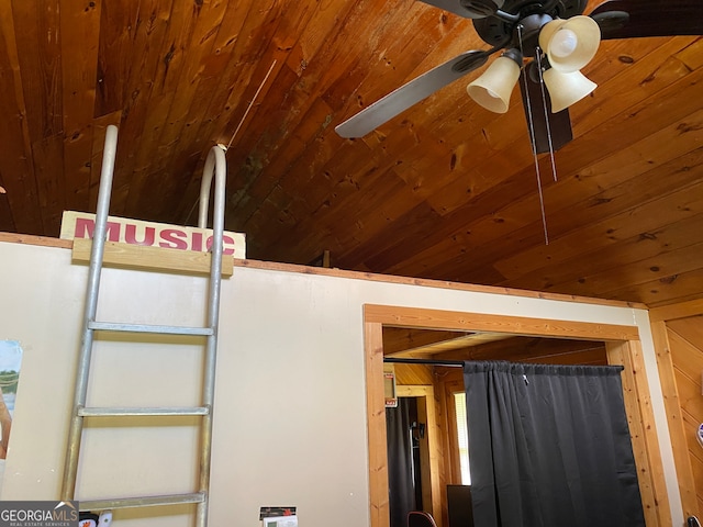 room details featuring wooden walls, ceiling fan, and wood ceiling