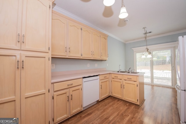 kitchen featuring sink, hanging light fixtures, white appliances, crown molding, and light wood-type flooring