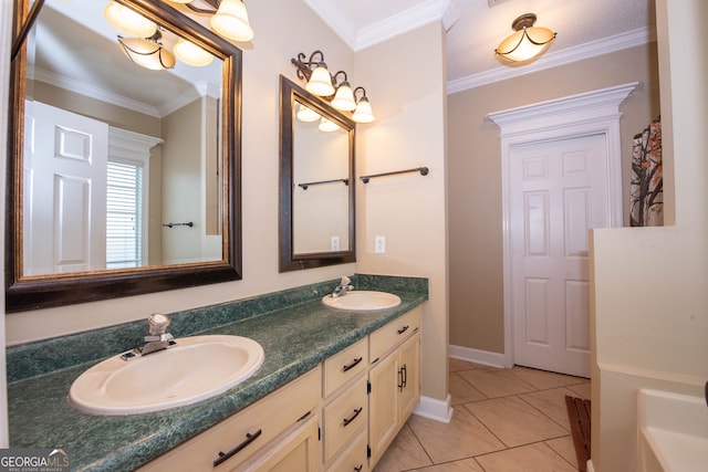 bathroom featuring vanity, tile patterned floors, and ornamental molding